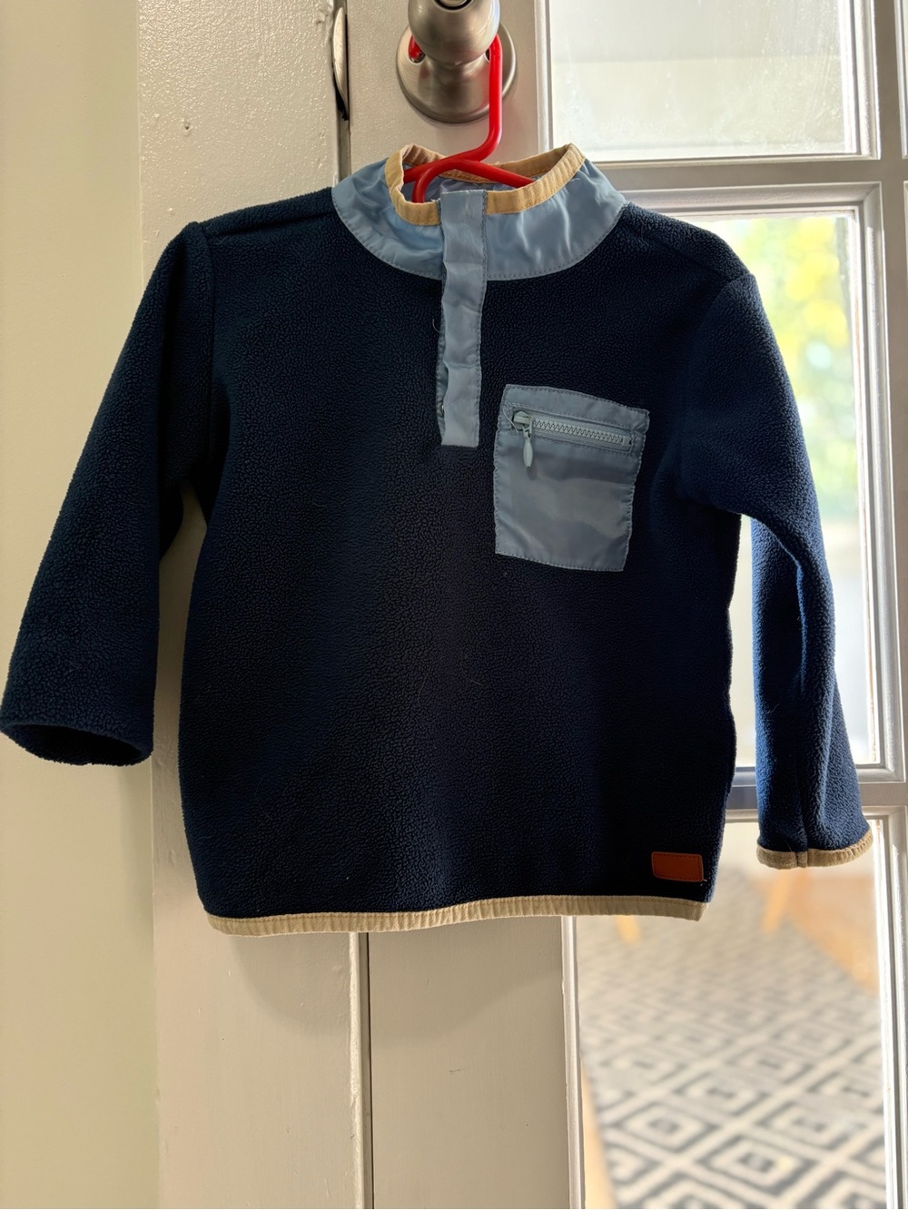 7 For All Mankind Navy Fleece Pullover with Light Blue Chest Pocket and Tan Trim